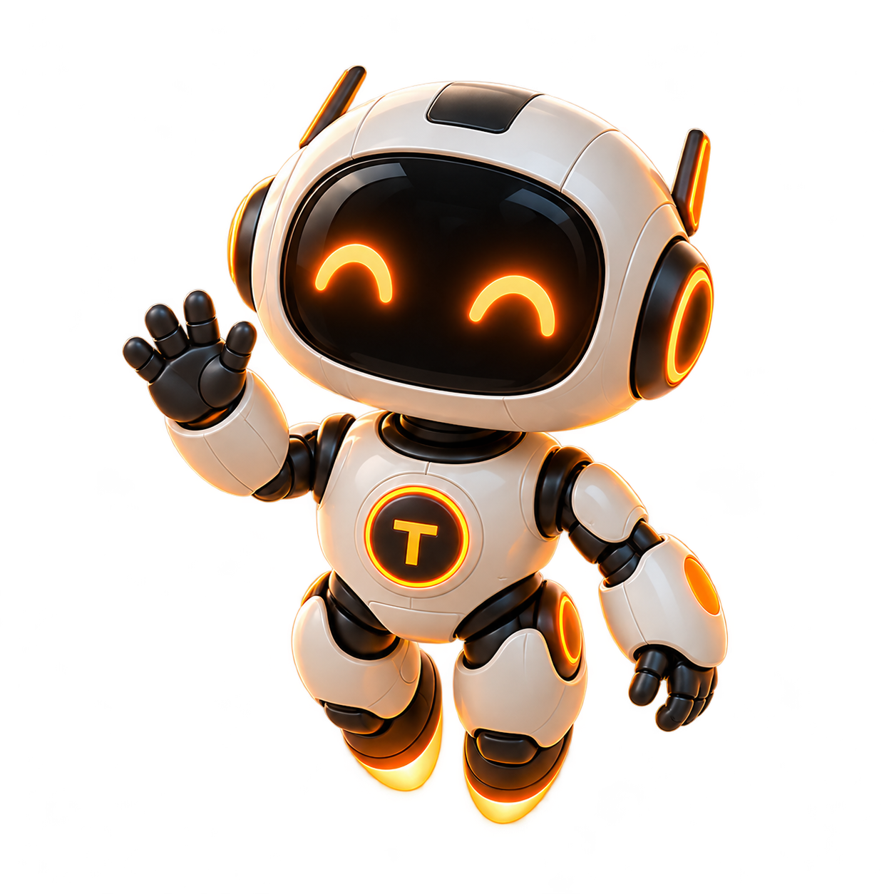 Tecno, nuestra mascota robótica blanca y naranja, te saluda.